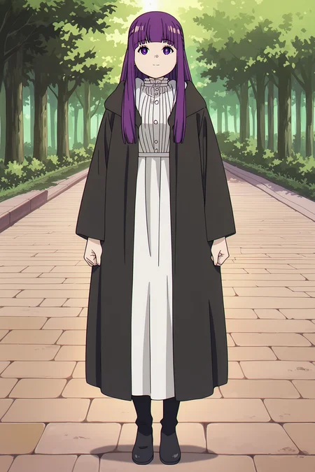 anime screencap, anime coloring, detailed face, perfect fingers, masterpiece, best quality, very aesthetic, absurdres, bokeh, volumetric lighting,
outside, gravel walkway, trees, detailed environment,
<lora:Fern_Frieren_Beyond_Journeys_End_-_Illustrious_V2:1>
Fern (character), fern (sousou no frieren), 1girl, purple hair, long hair, straight hair, half updo, hime cut, sidelocks, blunt bangs, purple eyes, bright pupils,
Fern black robe outfit, hooded black robe, long white dress, long sleeves, frills, black footwear,
full shot, directly facing the viewer, lightly smiling, looking at the viewer, cute girl