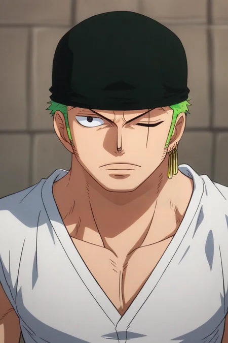 score_9, score_8_up, score_7_up, source_anime, , semi-realistic, looking at viewer, upper body, depth of field, 1boy, solo, male focus, <lora:zoro_roronoa_pony:0.98>, zoro_roronoa, green hair, black eyes, short hair, bandana, , post timeskip, , scar across eye, one eye closed, sideburns, , , ,, water, , <lora:sdxl_lightning_8step_lora:1>
