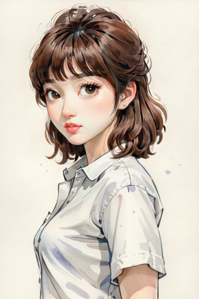 <lora:A_Mullet_Cut_v3_SDXL:1.5>( mullet-cut:1.3), masterpiece, cartoon, drawing, (1woman), (asian:1.5), white shirt, (brown hair:1.1) , <lora:xl_shuimo:1> ink wash painting style, traditional media