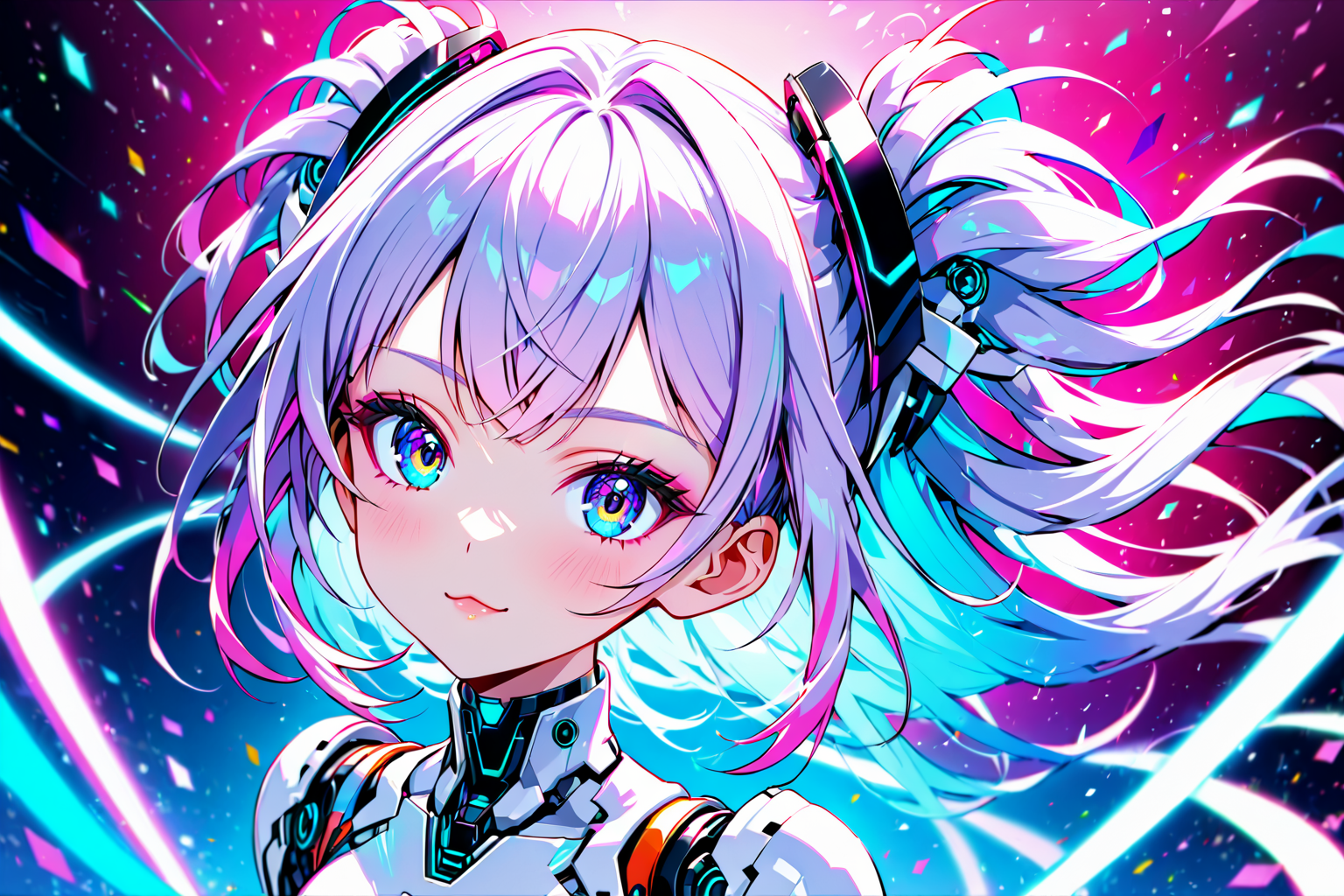 Jed-rbt, 1girl, cinematic angle,  :3, looking at viewer, scifi hair ornaments, energy hair, Futuristic fashion, tube, Futuristic, chromatic aberration, Kawaii, [(blue-white background:1.2)::0.2], (neon luminescence background:1.2), illustration, incredibly absurdres, ultra detailed, masterpiece, best quality,[<lora:detailed_notrigger:0.95>::0.5], [:<lora:detailed_hands:1.05>:0.5],<lora:RoboStyle:1>