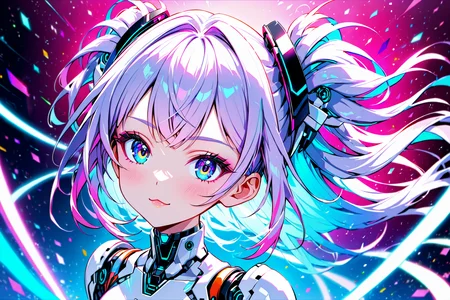 Jed-rbt, 1girl, cinematic angle,  :3, looking at viewer, scifi hair ornaments, energy hair, Futuristic fashion, tube, Futuristic, chromatic aberration, Kawaii, [(blue-white background:1.2)::0.2], (neon luminescence background:1.2), illustration, incredibly absurdres, ultra detailed, masterpiece, best quality,[<lora:detailed_notrigger:0.95>::0.5], [:<lora:detailed_hands:1.05>:0.5],<lora:RoboStyle:1>