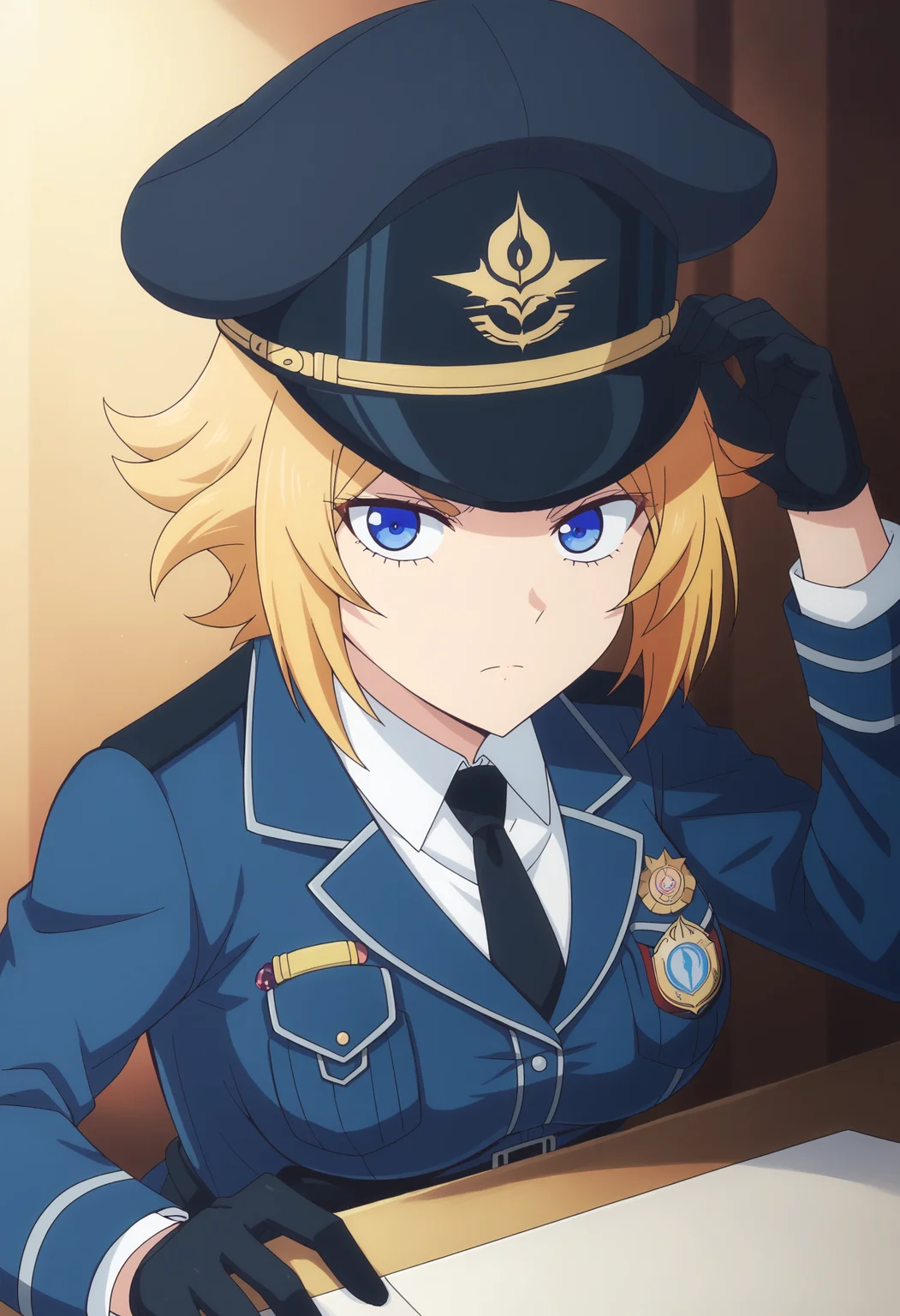 EBChris, 1girl, solo, looking at viewer, short hair, blue eyes, blonde hair, shirt, gloves, long sleeves, hat, closed mouth, jacket, white shirt, upper body, necktie, black gloves, collared shirt, uniform, military, military uniform, blue jacket, black necktie, pocket, military hat, hand on headwear, breast pocket, badge, police, police uniform, policewoman,
<lora:ChrisWestland-10:1> <lora:xl_more_art-full_v1:1>