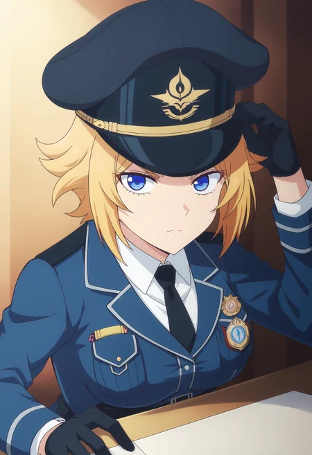 EBChris, 1girl, solo, looking at viewer, short hair, blue eyes, blonde hair, shirt, gloves, long sleeves, hat, closed mouth, jacket, white shirt, upper body, necktie, black gloves, collared shirt, uniform, military, military uniform, blue jacket, black necktie, pocket, military hat, hand on headwear, breast pocket, badge, police, police uniform, policewoman,
 <lora:ChrisWestland-10:1> <lora:xl_more_art-full_v1:1>