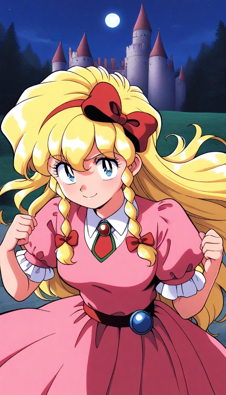 masterpiece, best quality, good quality, newest,  <lora:Maria_Renard_IS:0.8> Maria_Renard, blonde hair, very long hair, breasts, hair bow, blue eyes, red bow, hairband, twin braids, bangs, smile,
pink dress, jewelry,
 sky, night, castle,
