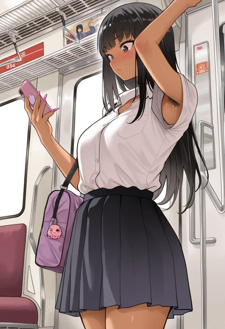 masterpiece,best quality,amazing quality, solo, 1girl, adult, black hair, dark skinned, gyaru, long hair, white collared shirt, bag, blush, bangs, standing, train, train interior, armpit peek, armpit hair, holding phone, cowboy shot, f0r0m0t0t4k3ru,  <lora:Furumoto_Takeru_Style_IL:1>