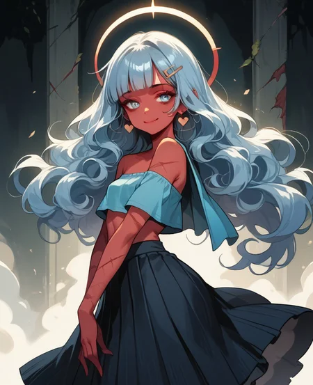 score_9, score_8_up, score_7_up, score_6_up, 1girl, solo, perfect hand, small breasts, (red skin:1.2), (skinny:1.1), thin_hips, angel wings, scars, curly_hair, light blue hair, very long hair, low twintails, blunt bangs, silver eyes, hairclips, aqua tube top, gray pleated skirt, ass, dynamic_pose, smirking, halo, heart earrings, scrunchie, habit, zombie girl
