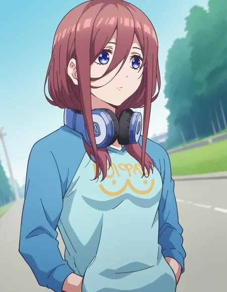 score_9, score_8_up, score_7_up, source_anime, mikunakano, <lora:miku-nakano-s1-ponyxl-lora-nochekaiser:1>, miku nakano, long hair, bangs, blue eyes, brown hair, hair between eyes, headphones, headphones around neck,, <lora:oppai-hoodie-ponyxl-lora-nochekaiser:1>, oppai hoodie, hoodie, raglan sleeves, clothes writting, hands in pocket,, outdoors, street,, cowboy shot, dutch angle, solo,