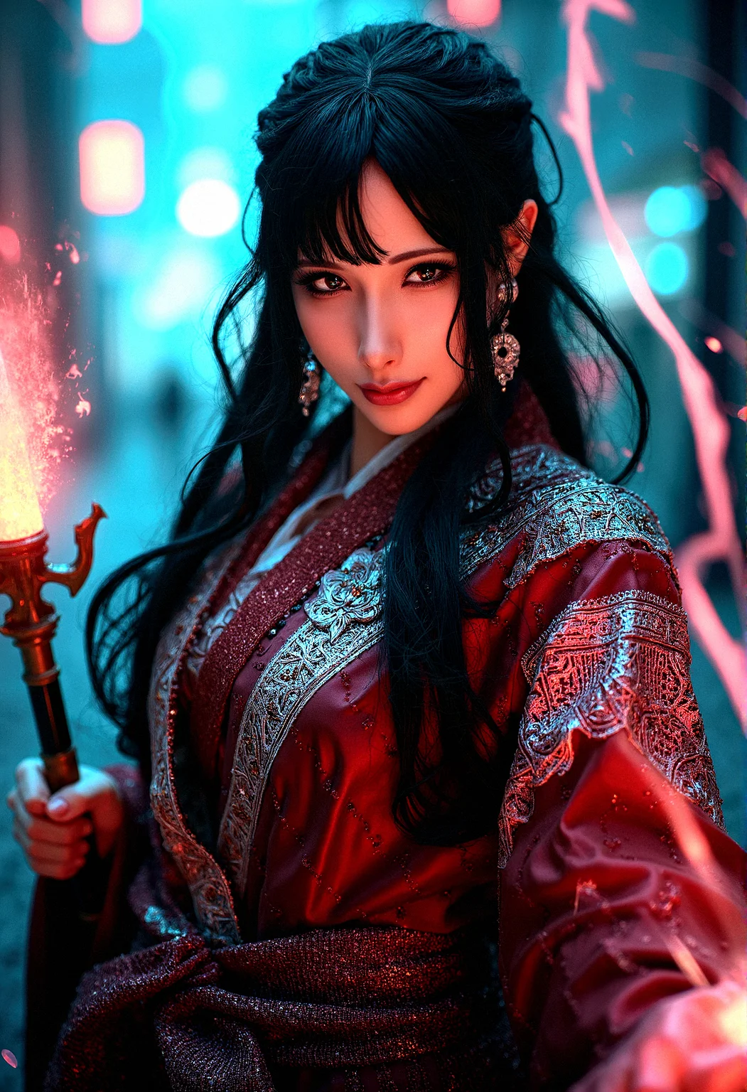 close-up of A powerful female mage with long dark hair and intricate robes, haneAme, holding a glowing magical staff, in a backdrop of a futuristic, neon-lit circuit board landscape, ultra-realistic textures, ultra-high definition, photorealistic, highly detailed, natural and dynamic lighting, realistic shadows, cinematic, hyperrealism,in a defensive stance, bracing for impact.