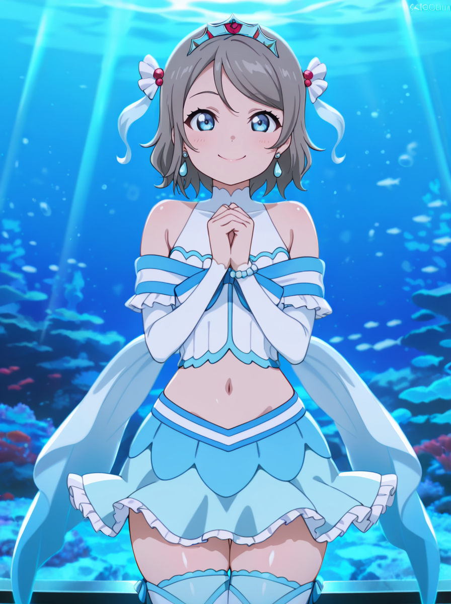 masterpiece, best quality, amazing quality, very aesthetic, absurdres, newest,shiny skin,  anime coloring, anime screenshot,     <lora:WatanabeYouAquarium:1>short hair, blue eyes, aquariumdress, 1girl, solo, jewelry, earrings, navel, grey hair, tiara, smile, midriff, looking at viewer, thighhighs  smile, own hands together, aquarium,thick thighs,
