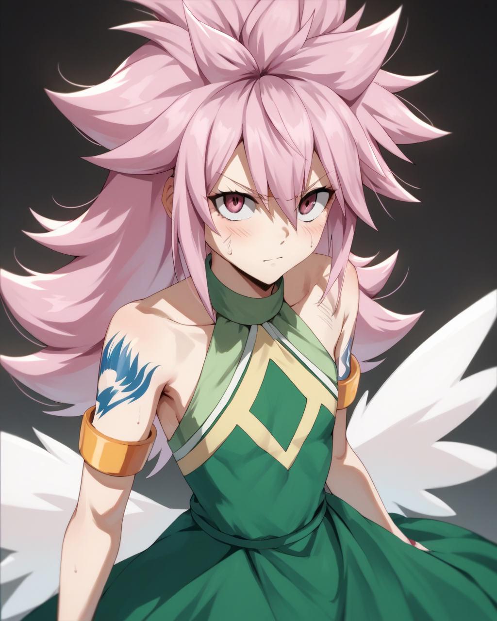 score_9, score_8_up, score_7_up, score_6_up, score_5_up, score_4_up, BREAK source_anime,
<lora:Wendy_Marvell_dragon_force_PONY:1>,Wendy Marvell, 1girl, solo, long hair,pink eyes, pink hair,spiked hair,White wings,green dress,bare shoulders,armlet,tattoo,