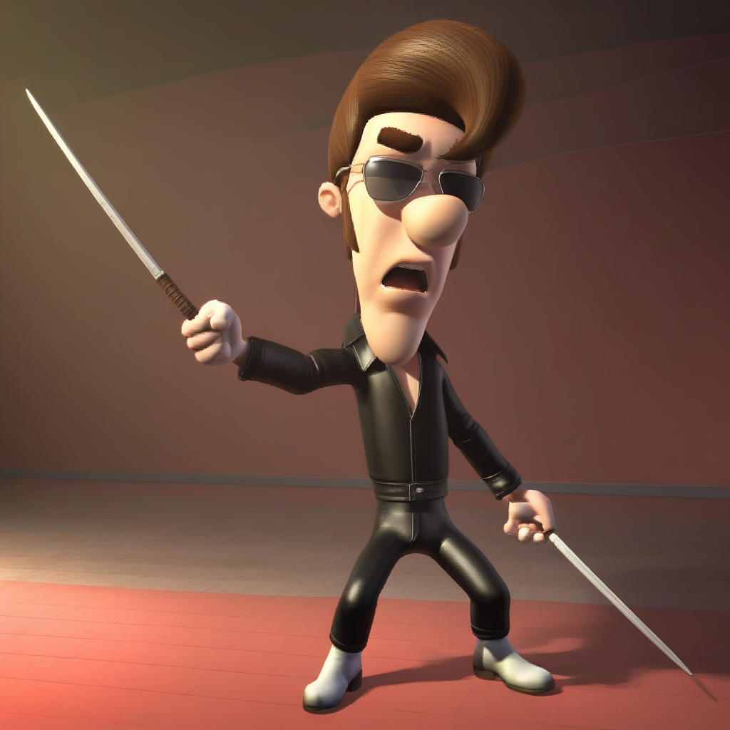 masterpiece, best quality, absurdres, 3d, 1boy, male focus, solo, C_H_N_JN, brown hair, pompadour, sideburns, sunglasses, leather jacket, white shirt, leather pants, holding spear, fighting stance, dojo, standing,