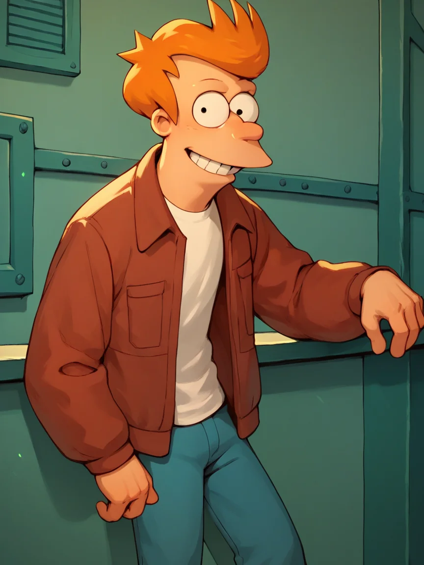 score_9, score_8_up, score_7_up, score_6_up, score_5_up, <lora:FryXLP:1> fry, 1boy, solo, orange hair, jacket, white shirt, pants, smile