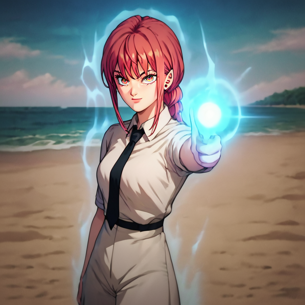 score_9, score_8_up, score_7_up, score_6_up, score_5_up, score_4_up, <lora:mak1ma0XL_Pony_v1:0.8> , mak1ma0, red hair, long hair, ringed eyes, white collared shirt,black necktie, 1girl, solo, masterpiece, highres, highly detailed face, highly detailed shining eyes, symmetrical highly detailed eyes, beach, sand, sea, <lora:spirit_gun_pony-000019:0.9>, spirit gun, finger gun, blue energy ball, aura, pointing to the side,  entire body, legs