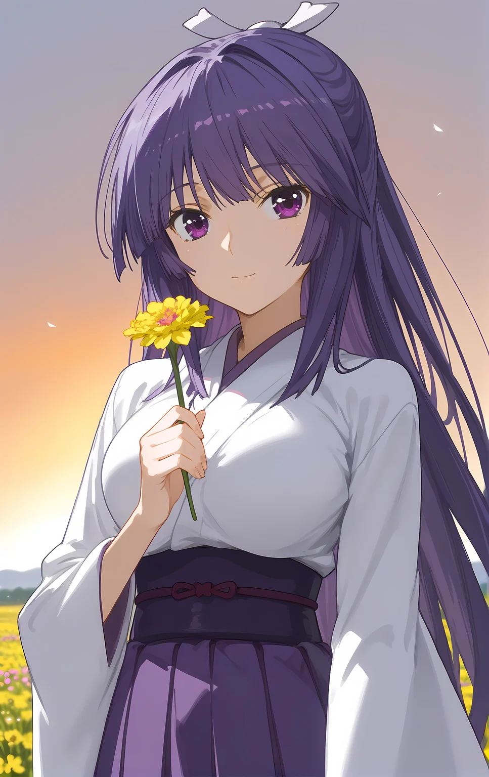 (score_9, score_8_up, score_7_up), looking at viewer, light smile, closed mouth, shiny skin, tight clothes,
ohwx, 1girl, solo, solo_focus, purple_eyes, long_hair, japanese_clothes, purple_hair, very_long_hair, breasts, ponytail, long_hair, breasts, large_breasts,
japanese_clothes, kimono, sash, kimono, skirt, hakama, hakama_skirt, purple_hakama, white_kimono,
sunrise, field, (holding flower:1.5), blurry, upper body, close-up, cowboy shot, dutch angle,
<lora:miya_asama_pony_ss-000002:1>
