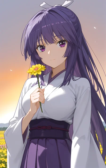 (score_9, score_8_up, score_7_up), looking at viewer, light smile, closed mouth, shiny skin, tight clothes,
ohwx, 1girl, solo, solo_focus, purple_eyes, long_hair, japanese_clothes, purple_hair, very_long_hair, breasts, ponytail, long_hair, breasts, large_breasts,
japanese_clothes, kimono, sash, kimono, skirt, hakama, hakama_skirt, purple_hakama, white_kimono,
sunrise, field, (holding flower:1.5), blurry, upper body, close-up, cowboy shot, dutch angle,
<lora:miya_asama_pony_ss-000002:1>