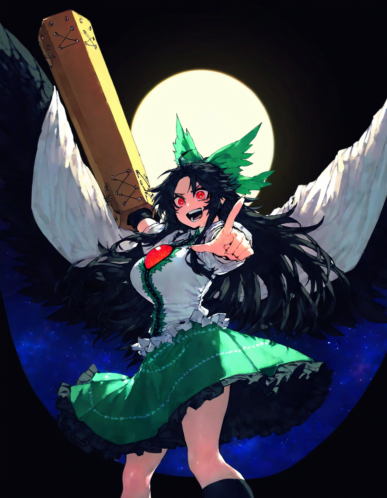 touhou, reiuji_utsuho,1girl,black_footwear,black_hair,black_socks, black_wings ,bow, cape ,feathered_wings, glowing, glowing_eyes, green_bow ,green_skirt ,hair_bow ,kneehighs, long_hair, looking_at_viewer ,red_eyes ,shirt ,skirt ,socks, solo ,starry_sky_print, sun ,teeth ,third_eye, white_shirt, wings, cowboy_shot, face focus, arm_cannon, control_rod_(touhou),  open mouth, upper_teeth_only, pov, from side,  index_finger_raised, outstretched_arm, finger point to sun, backlighting ,
(masterpiece, best quality, high quality, absurdres, highres, newest, very awa),(zyugoya:0.8),quasarcake:0.7, Fishine,