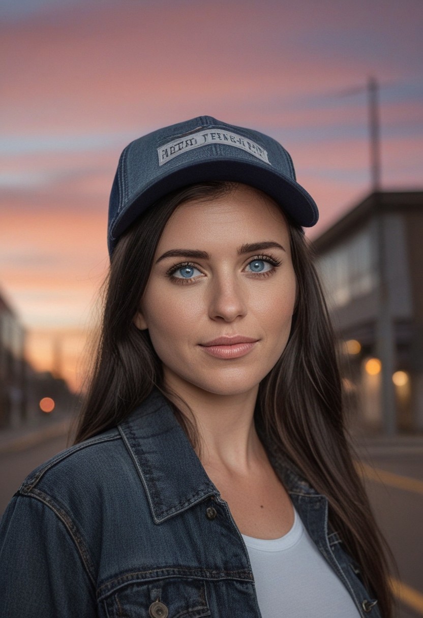 30yo woman holding an American flag.
Blue eyes. perfecteyes 
Wearing Denim jacket trucker hat. 
Long dark black slick back hair. No makeup. Dusk, Street light. Looking at camera POV. Slight smile, tilting head.. Tilt head.
Medium Close Up shot. Bokeh. Bokeh light.