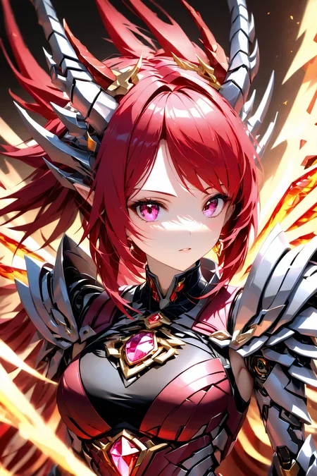 Jed-rbt, Dragon girl, 1girl, dragon horn, Red hair, forehead jewel, Electromancer, energy wings, Red gemstone, Ruby \(gemstone\), (Depth of field hdr 8k 4k wallpaper cinematic angle, cinematic lighting:1.2), [(black background:1.2)::0.2], (chiaroscuro background:1.2), newest, highres, illustration, incredibly absurdres, ultra detailed, masterpiece, best quality, [<lora:detailed_notrigger:0.95>::0.5], [:<lora:loraeyesxl:1.05>:0.5], <lora:RoboStyle:1> <lora:aesthetic_anime_v1s:1.2>