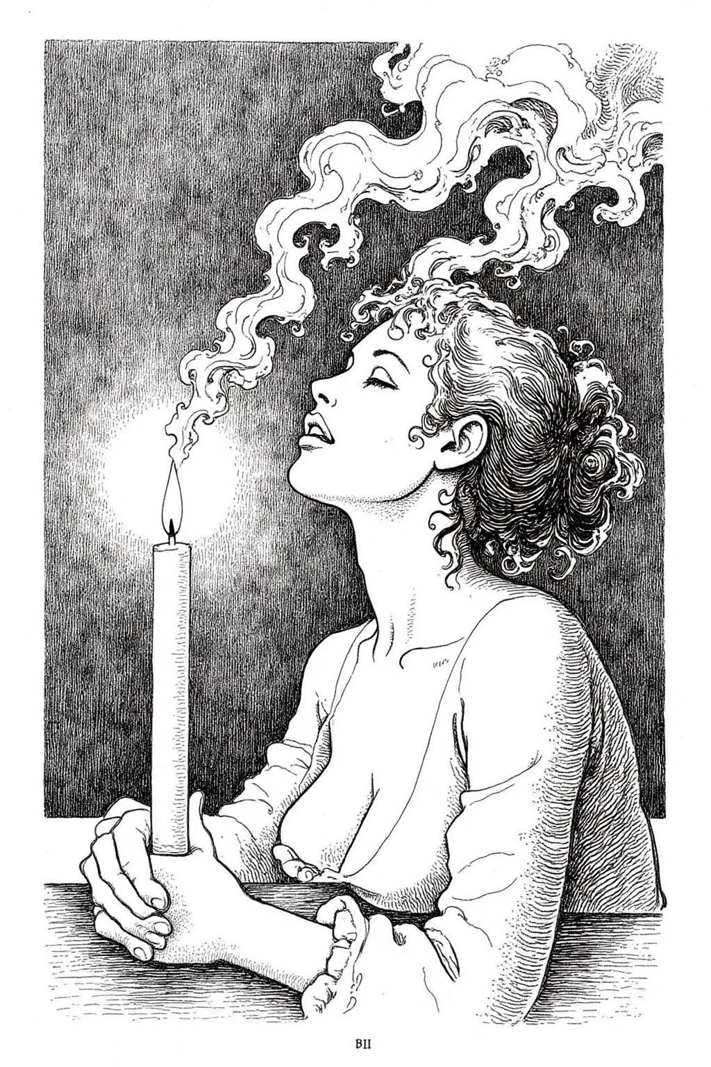 itacomic1 illustration. Wisps of smoke rising from a candle in the form of a woman's profile  <lora:itacomic_mima_fl_d4a2e8:1.0><lora:800599547983300325:0>