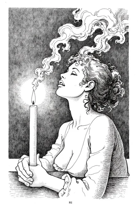 itacomic1 illustration. Wisps of smoke rising from a candle in the form of a woman's profile  <lora:itacomic_mima_fl_d4a2e8:1.0><lora:800599547983300325:0>