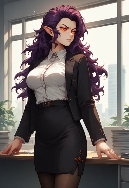 score_9, score_8_up, score_7_up, source_anime, 1girl, solo, looking to the side, frown, <lora:ManEaterSMT-pdxl:1> mnetrSMT, long hair, colored sclera, pointy ears, black jacket, dress shirt, large breasts, pencil skirt, pantyhose, indoors, office, window, desk