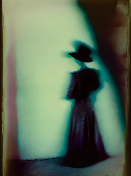 <lyco:Sarah Moon:1.0> sarah moon a woman in a dress and hat going near the wall. long exposure, photorealism , vintage photo, pastel color