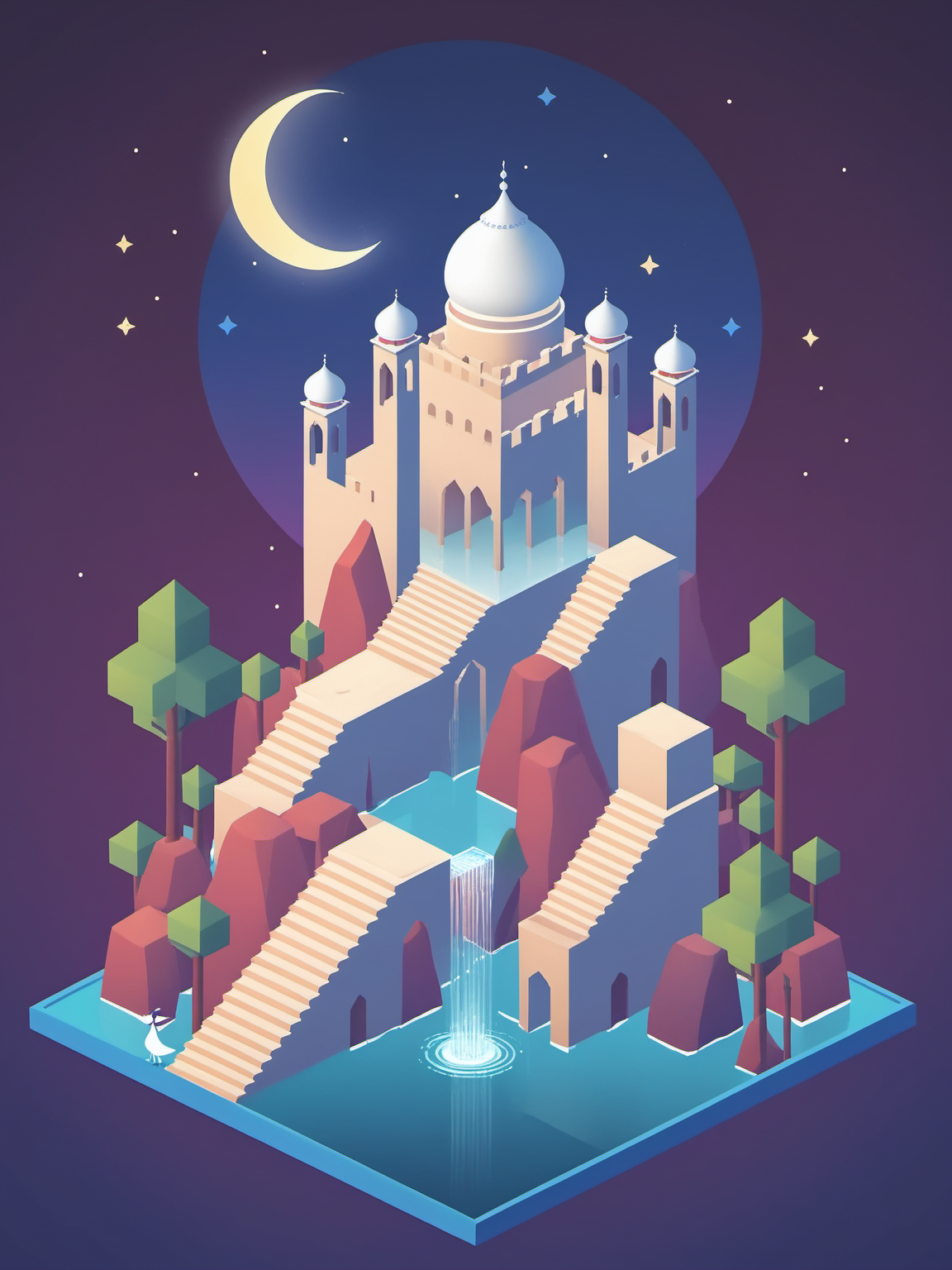 video game monument valley style, Taj Mahal, stairs, water, cloud,  trees, waterfall, gradient background, Night, starry sky,    <lora:Monument Valley style:0.8>