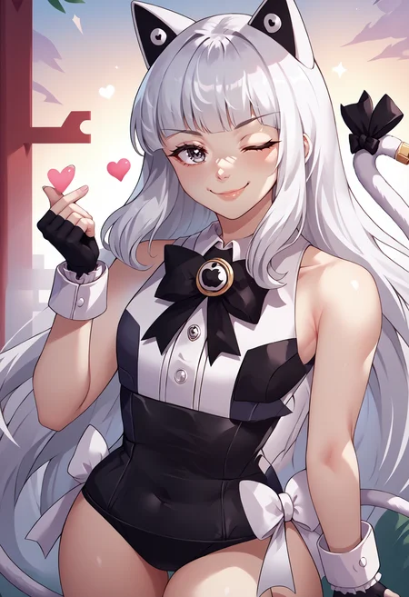 score_9, score_8_up, score_7_up, finger heart, hand up, <lora:FingerHeartSolo_pdxl_Incrs_v1:1>, 1girl, cowboy shot, seductive smile, one eye closed, heart, <lora:IPhonechan_PDXL_V3:1> IPhonechan, appleicon, cat tail, tail bow, tail ornament, cat tail, bare shoulders, black gloves, fingerless gloves, wrist cuffs, black leotard, white shirt, sleeveless, bowtie