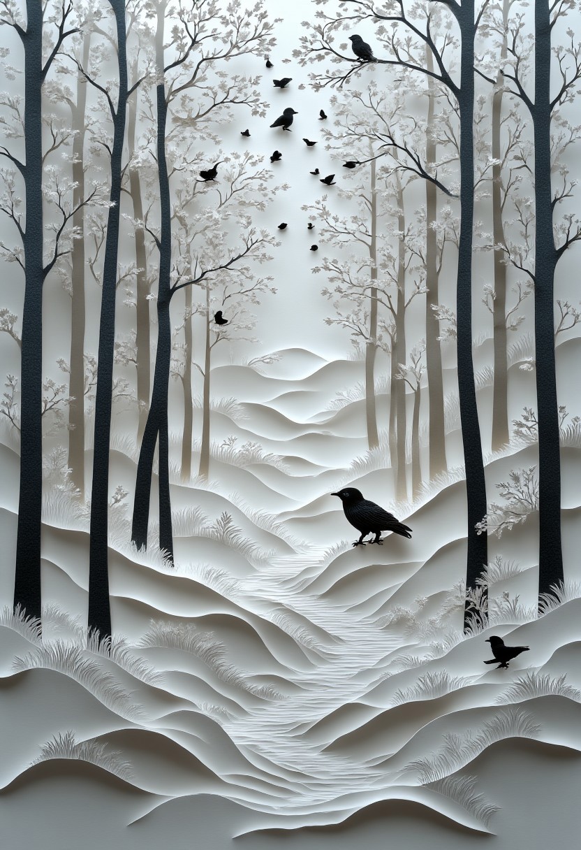 This paper cut art style showcases a striking contrast between delicate, intricately cut white branches and the bold, dark silhouettes of ravens. The layered design creates a sense of depth and movement, as if the scene is alive with the quiet rustling of leaves and the subtle flutter of wings. Each element is meticulously crafted, with fine details capturing the texture of feathers and the intricate network of tree branches. The interplay of light and shadow enhances the three-dimensional effect, giving the piece a dynamic and captivating presence. This art style blends elegance with a touch of mystery, evoking a serene yet enigmatic woodland scene.