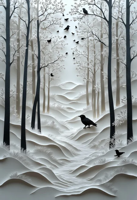 This paper cut art style showcases a striking contrast between delicate, intricately cut white branches and the bold, dark silhouettes of ravens. The layered design creates a sense of depth and movement, as if the scene is alive with the quiet rustling of leaves and the subtle flutter of wings. Each element is meticulously crafted, with fine details capturing the texture of feathers and the intricate network of tree branches. The interplay of light and shadow enhances the three-dimensional effect, giving the piece a dynamic and captivating presence. This art style blends elegance with a touch of mystery, evoking a serene yet enigmatic woodland scene.