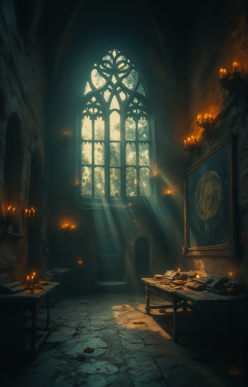 inside of an old church, glowing window, candles, haze, fantasy, dusty, noisy, grainy <lora:- Flux1 - soothing_atmo_V2.0:.7>
