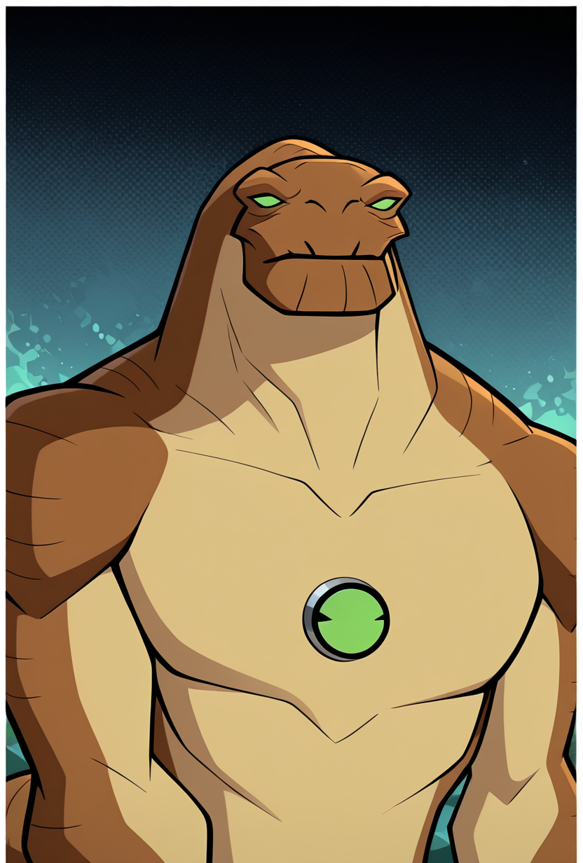 <lora:humungousaur-08:1> humungousaur, dinosaur, 1boy, male focus, solo, green eyes, no humans, brown skin, , green sclera, tail, no pupils, zoomed out view,  <lora:cyanide_and_happiness_style_ill:1>, masterpiece, best quality, amazing quality, very aesthetic, absurdres, newest,, upper body, halftone effect, white borders, abstract background:1.2,