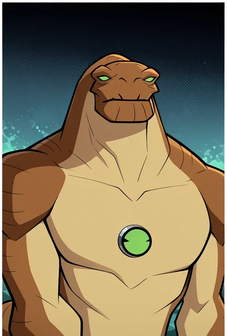 <lora:humungousaur-08:1> humungousaur, dinosaur, 1boy, male focus, solo, green eyes, no humans, brown skin, , green sclera, tail, no pupils, zoomed out view, <lora:cyanide_and_happiness_style_ill:1>, masterpiece, best quality, amazing quality, very aesthetic, absurdres, newest,, upper body, halftone effect, white borders, abstract background:1.2,
