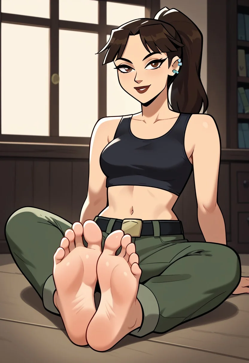 score_9, score_8_up, score_7_up, score_6_up, score_5_up, score_4_up, source_anime, BREAK, (masterpiece:1.4), (best quality:1.2), expressive eyes, perfect face, 5 toes in left foot, 5 toes in right foot, (perfect anatomy), (accurate anatomy), perfect feet, perfect soles, 1 girls, feet, soles, toes, foot focus, front view, smile, cute expression, clean feet, sitting, hands on ground, showing feet, barefoot, PONYXL_WaifuFeetPics_ownwaifu, brown hair, ponytail, brown eyes, lips, piercings, crop top, white sleeveless undershirt, green cargo pants, belt, total drama, Axel_(Total_Drama), breasts, <lora:e9bfee19-d988-4872-866b-5e49203a482f:0.8>, <lora:12de6fd5-f849-42f5-bb01-93efa3766c7f:0.8>