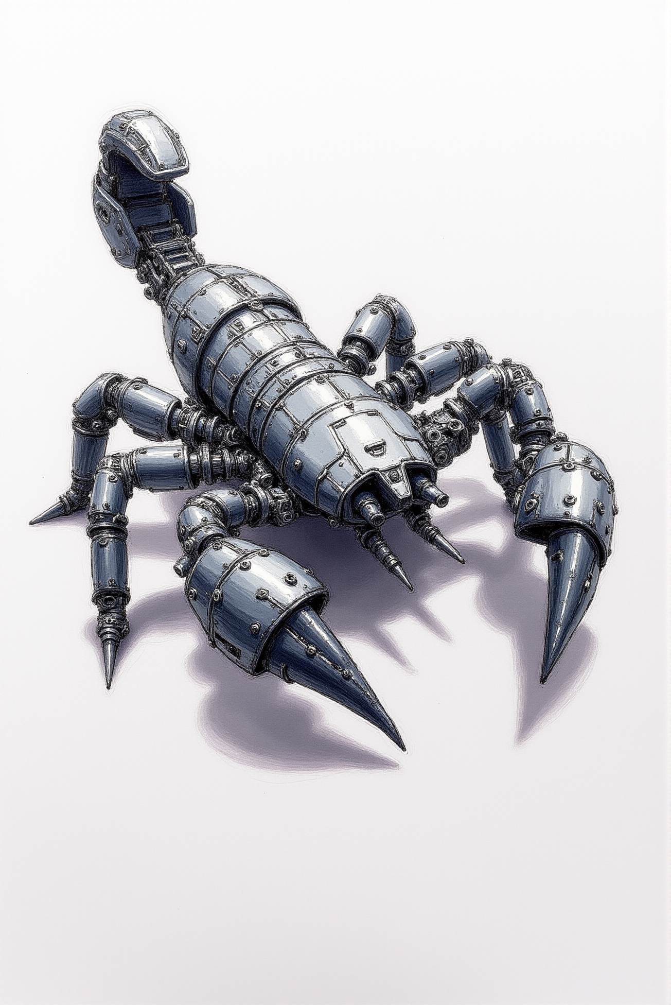 <lora:Vibrant_watercolor_v.22:0.9>   The pencil sketch depicts a highly detailed, futuristic robotic scorpion with a complex and intricate design. Its body is composed of segmented metal plates, mechanical joints, and visible gears, giving it an industrial, cybernetic appearance. The legs are articulated with claw-like tips, each joint resembling hydraulic machinery, emphasizing strength and precision. The tail curves upward, ending in a sharp, pointed stinger, hinting at both agility and threat. The scorpion's surface features overlapping armor with rivets, wires, and panels that enhance its menacing, armored look. The muted color palette of grays and silvers, along with subtle shading, adds a sense of depth and realism, creating a lifelike metallic sheen that emphasizes its formidable, high-tech nature.  