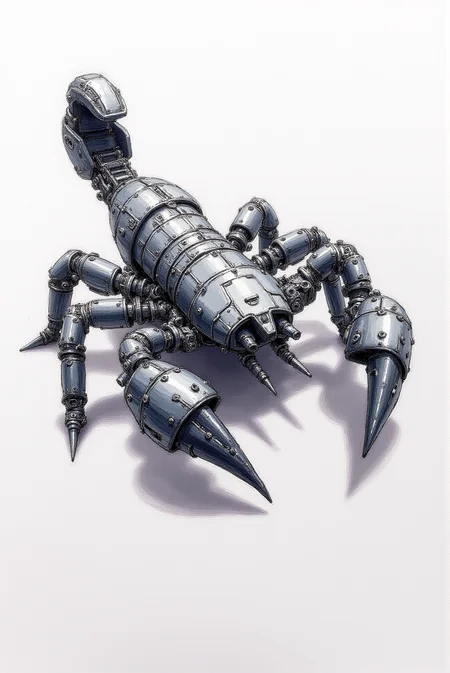 <lora:Vibrant_watercolor_v.22:0.9> The pencil sketch depicts a highly detailed, futuristic robotic scorpion with a complex and intricate design. Its body is composed of segmented metal plates, mechanical joints, and visible gears, giving it an industrial, cybernetic appearance. The legs are articulated with claw-like tips, each joint resembling hydraulic machinery, emphasizing strength and precision. The tail curves upward, ending in a sharp, pointed stinger, hinting at both agility and threat. The scorpion's surface features overlapping armor with rivets, wires, and panels that enhance its menacing, armored look. The muted color palette of grays and silvers, along with subtle shading, adds a sense of depth and realism, creating a lifelike metallic sheen that emphasizes its formidable, high-tech nature.