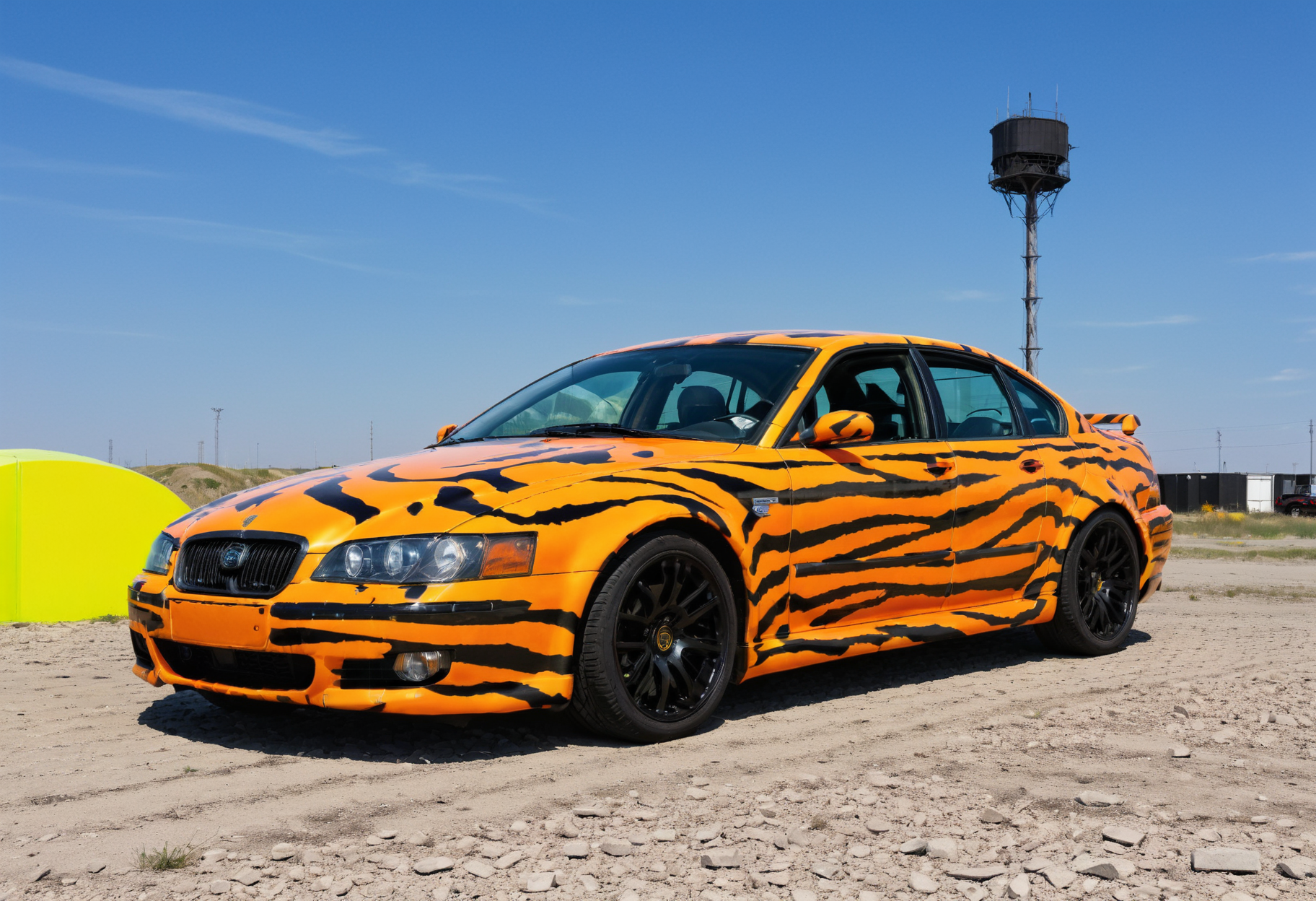 lgcrs,a car looking like a tiger, with aggressive color pattern,neon black,parked before a black tower in a wasteland,with headlights on, lion like
<lora:Retro_Cars-000011:0.7>,