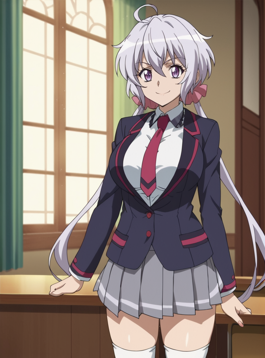 score_9, score_8_up, score_7_up, score_6_up, score_5_up, score_4_up, BREAK source_anime, masterpiece , anime screencap, anime_lineart anime coloring, <lora:YukineChris:0.8>yukinechris, long hair, purple eyes, twintails,low twintails, ahoge, large breasts, indoors, school uniform, blazer, necktie,smile, white thighhighs,  pleated skirt,  open jacket