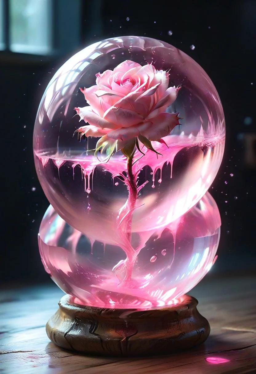(masterpiece), best quality, (Floating Sphere, Crystal, Magic, Reflection, Melting, Dripping, Pink Rose), Black Background, No Humans, Starry Theme, (Light Refraction), White and Pink Theme, Natural Lighting, Verynsty,(Particles, aura, steam)