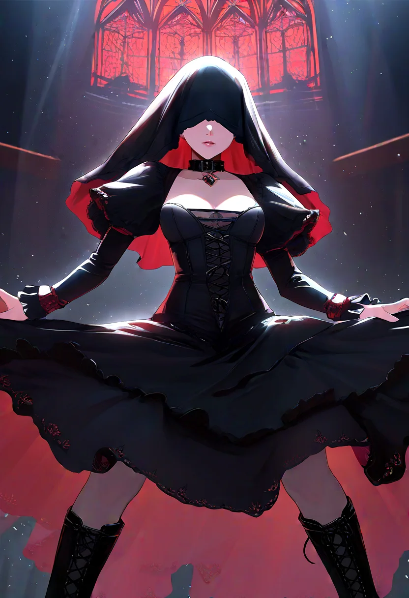 masterpiece, best quality, 1girl, solo, feet out of frame, medium shot, body shot, dynamic pose, standing, facing viewer, 
red g0thOutfit, old church background, indoor, dim light, at night, volumetric lighting