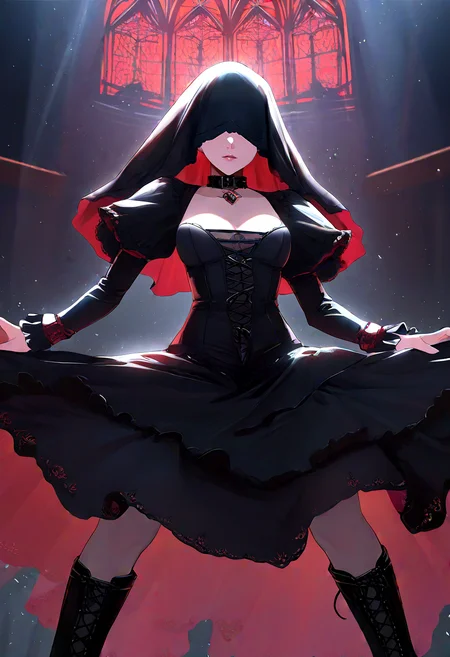 masterpiece, best quality, 1girl, solo, feet out of frame, medium shot, body shot, dynamic pose, standing, facing viewer,
red g0thOutfit, old church background, indoor, dim light, at night, volumetric lighting