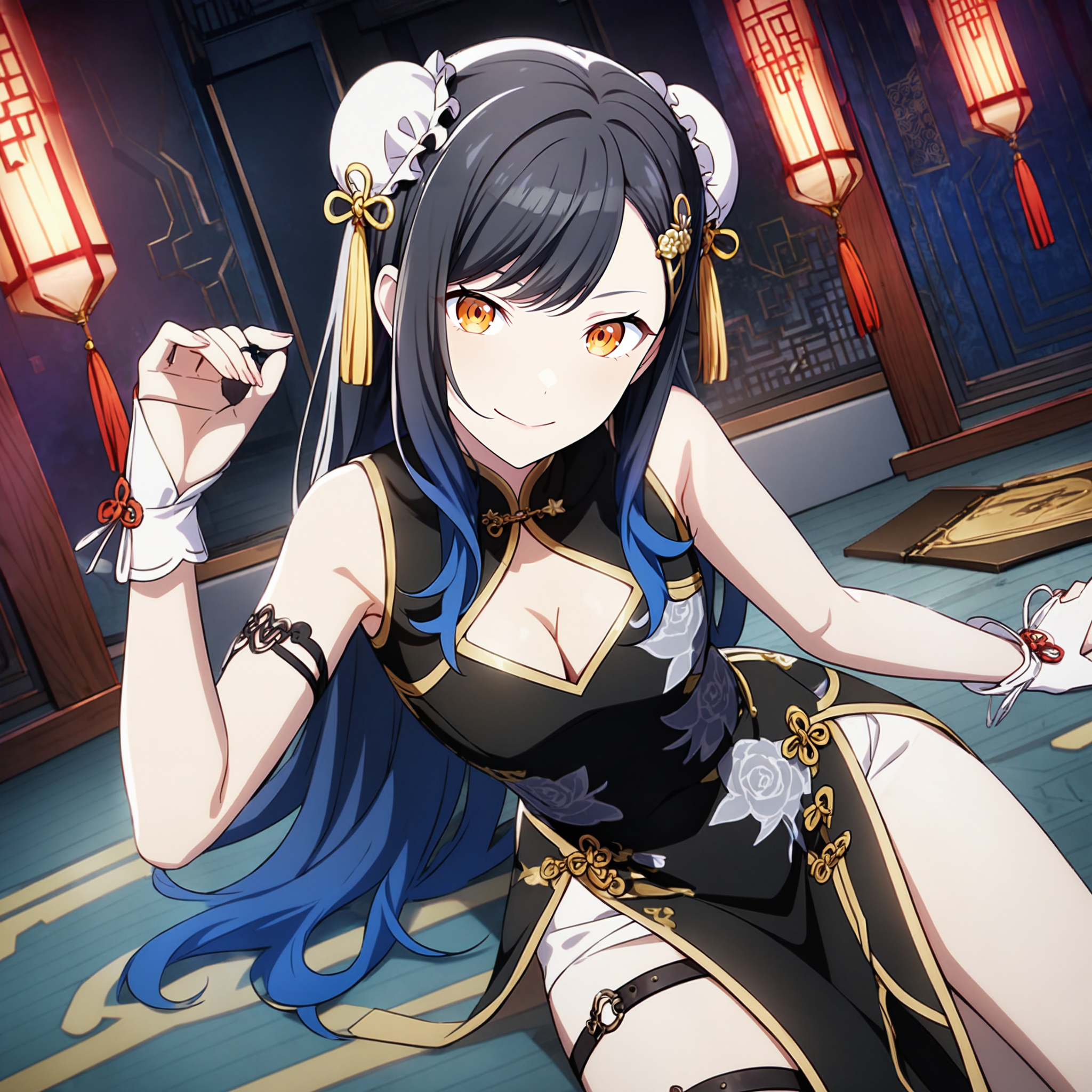 1girl, shiraishi an, project sekai, masterpiece, very aesthetic, absurdres, official art,
bewitching sister, (black hair:1.2), black and royal blue gradient hair, orange eyes, 
(looking at viewer:1.2), smiling, closed mouth, lying, BREAK
chinese clothes, china dress, bun cover, black dress, thigh strap, fingerless gloves, sleeveless, floral print, sleeveless dress, side slit, gold trim, white gloves, hair ornament, bare shoulders, print dress, bridal gauntlets, cleavage cutout, long skirt,
indoors, Chinese style room, dark, dark atmosphere, illuination, cyberpunk, 
<lora:sdxl-vs-BewitchingSister01:0.8:lbw=0,0,0.2,0.2,0,0.4,0.4,0,0.8,0.8,0,0,0,0.8,0.8,0.6,0.8,0.0,0.0,0.0,0,0,0,0,0,0>