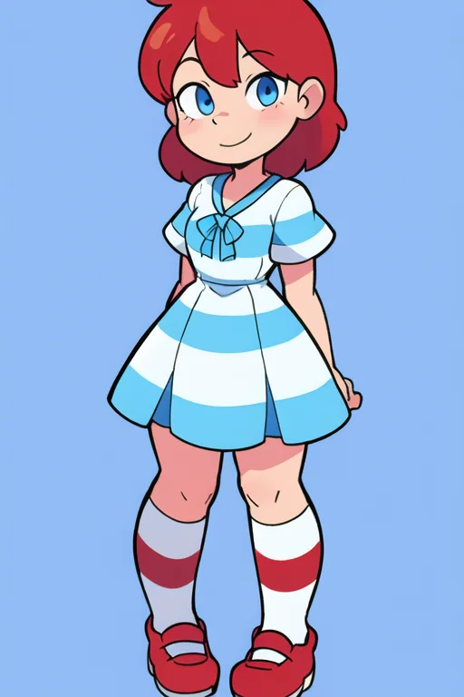 1girl, <lora:WendyW:0.7>, wendyw, striped socks, white and blue dress, red hair