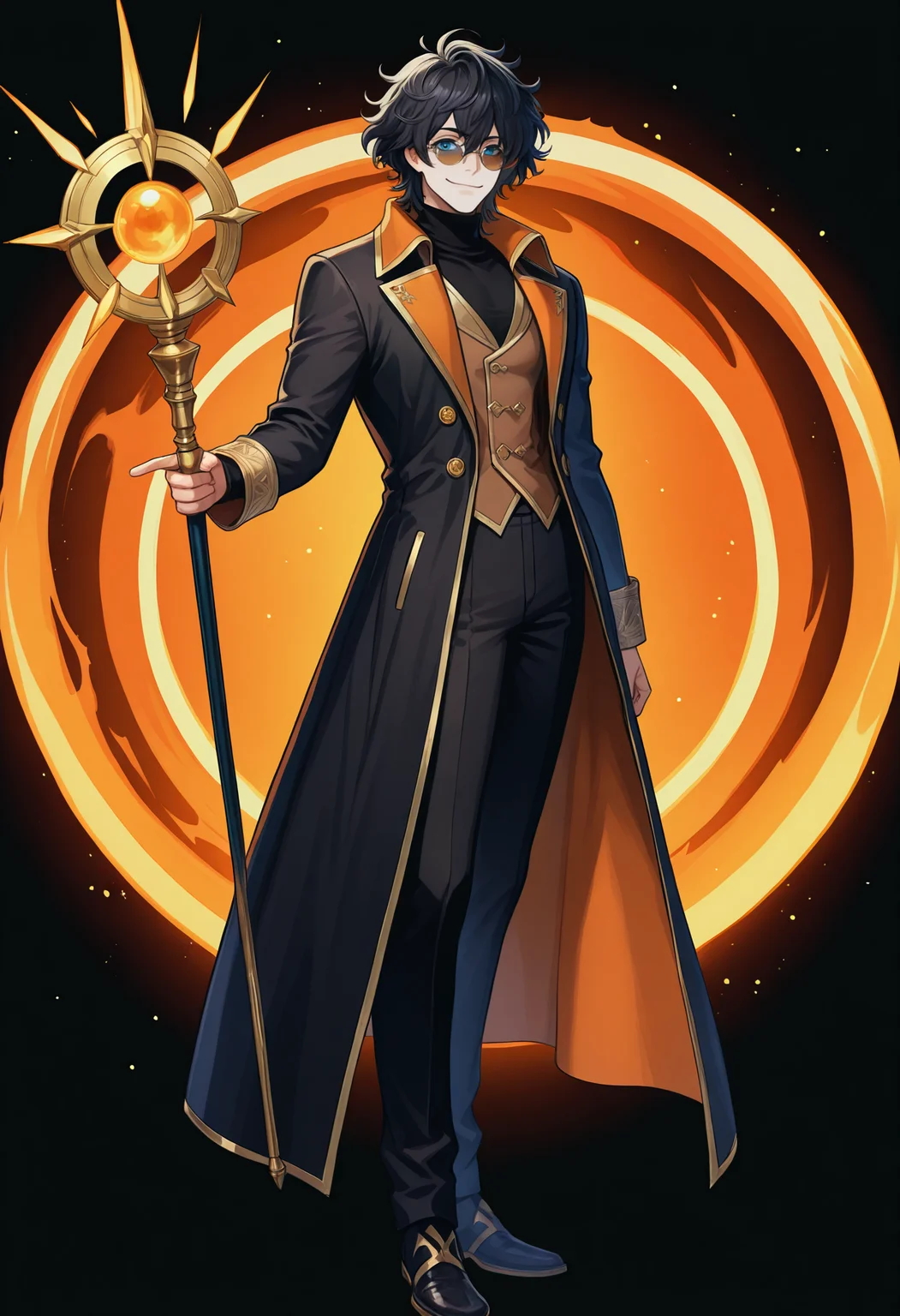 masterpiece, best quality, newest, 1boy, solo, black hair, messy hair, blue eyes, sunglasses, circle-frame eyewear, black turtleneck, thick hair, rimless eyewear, black clothes, (gold trim), bangs, brown vest, gold buttons, black pants, closed smile, pince nez, shirt under vest, long coat, vest under coat, casting a spell, black coat, fehdef, full body, standing, black background, looking at viewer, <lora:feh-style-richy-v1_ixl:1>, holding staff