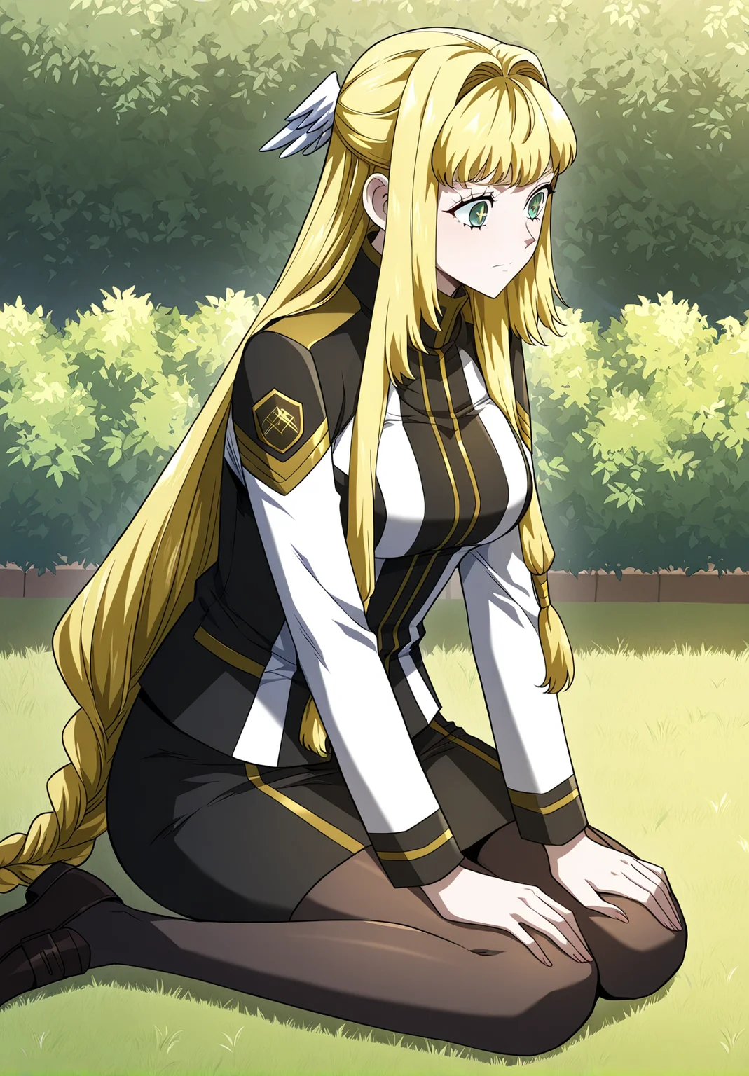 <lora:Dolores_Quovadis__Revenge_of_the_Iron-Blooded_Sword_Hound__Illustrious:1>
Dolores_Quovadis, 1 girl, solo, long hair straight hair, blonde hair, thick braid, long braid, straight fringe, wing hair ornament, green eyes, <lora:DetailedEyes_V3:1>,
Dolores_Quovadis_uniform, academy uniform, black and white uniform, gold trim, high collar, long sleeves, black skirt, black tights, shoulder emblem,
score_9, score_8_up, score_7_up, masterpiece, best quality, absurdres, perfect anatomy, 1girl, solo, wariza, sitting, hands on own knees, garden background