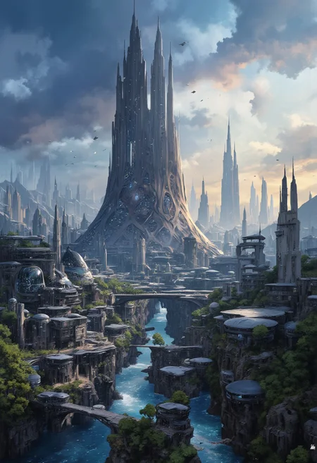 Art by Alejandro Burdisio, mythp0rt, best quality, masterpiece. A futuristic cityscape at dusk. The central focus is an immense, towering skyscraper with a sleek, reflective surface that reflects the soft, ambient light of the setting sun. The building's design is futuristic, with a tapering top and a complex, organic base that seems to blend seamlessly with the landscape. In the foreground, a serene river runs through a valley lined with lush, green trees. Bridges and elevated walkways connect the base of the skyscraper to the surrounding buildings. The buildings in the foreground are more modest in size, with a mix of glass and metallic facades, indicating modern architecture. In the background, the cityscape stretches into the distance, showcasing a variety of skyscrapers and high-rises, some of which are needle-like, indicating a focus on verticality and density. The sky is a gradient of deep blues and purples, with scattered, fluffy clouds casting shadows on the buildings below. The overall color palette is cool and serene, with the soft lighting enhancing the futuristic, utopian atmosphere of the scene. a supermassive dull sun in the background, cinematic, Perfect Composition, Studio Ghibli Dark Fairytale