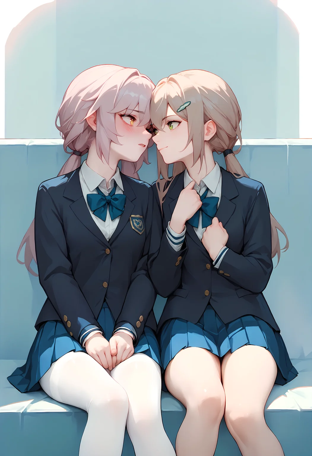 (score_9, score_8_up, score_7_up), 2girls, yuri, facing another, school uniform
BREAK 1girl, fuxuan, white pantyhose, blush, <lora:fuxuan-strPO-v1b:0.8>
BREAK 1girl, qinque, smile, closed mouth, bare legs, <lora:qingque-strPO-v1ar:0.8>