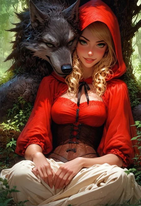 score_9, score_8_up, score_7_up, score_9, score_8_up, score_8, realistic, 3/4 pic, 19 year old sexy woman, blonde, green eyes, detail eyes, detail face, focus on face, perfect face, Little red riding hood, sitting under a tree, (((big dark wolf laying beside her))), dark forrest, looking at viewer, she has a wicker basket with a lid beside her, orange brown lether corset , short red mini skirt, skirt floting in wind, big round breast, seductive body, cute sexy pose, petite body, flirtatious look, forest background, 8k detail, smooth image, detailed face,