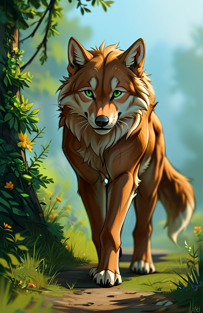 score_9,score_8_up,score_7_up,score_6_up,score_5_up,score_4_up,no humans,whiskers,outdoors,wolf,full body,four_legs,green eyes,blonde_fur,<lora:MJ52:1>,<lora:drunkrembrancer:0.7>,