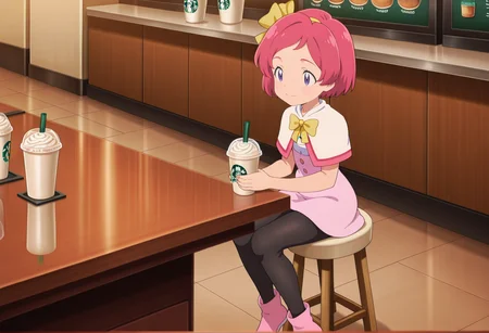 anime screencap, 1girl, pink hair, short hair, purple eyes, hair ribbon, short dress, capelet, neck ribbon, black leggings, sitting, indoors, starbucks, holding drink, table, pink footwear, stool, light smile <lora:Margo_pokemon:1>, masterpiece, best quality, amazing quality, very aesthetic, absurdres, highres, newest